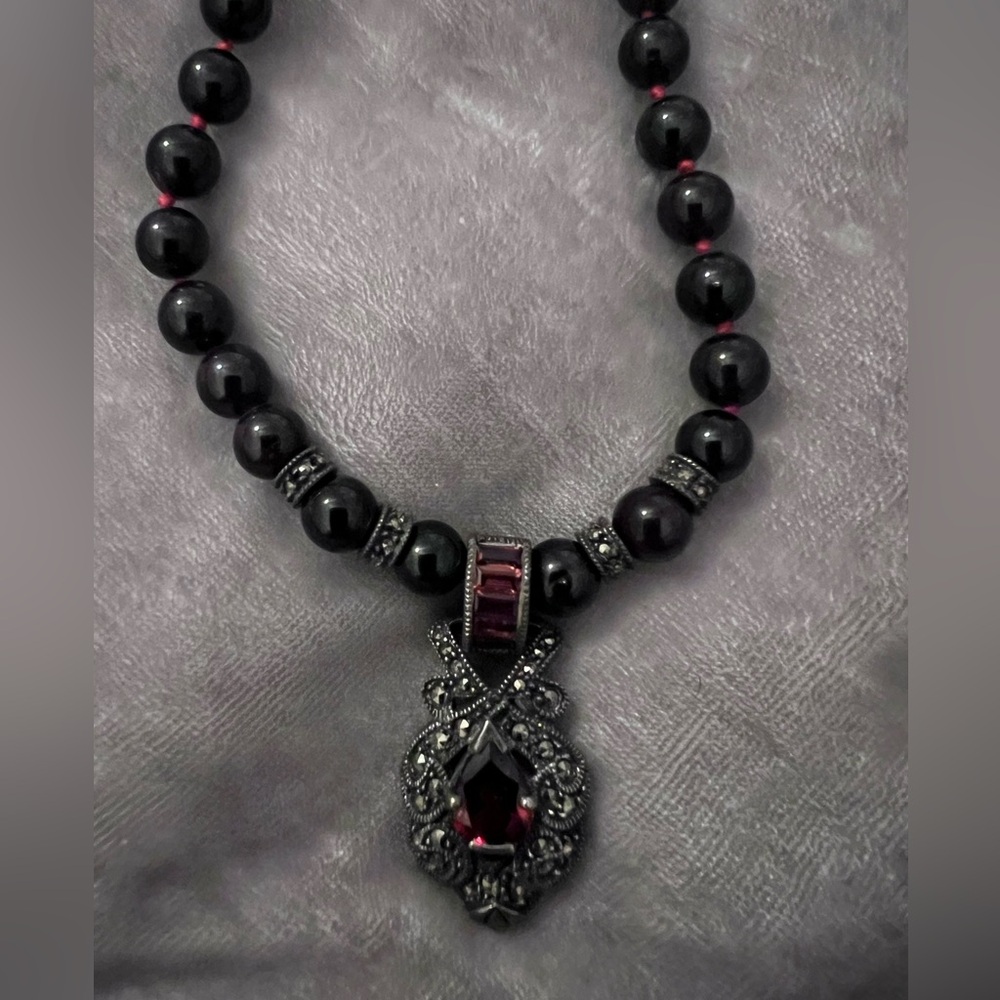 AUTHENTIC JUDITH JACK GARNET 16" NECKLACE WITH SILVER MARCASITE PENDANT